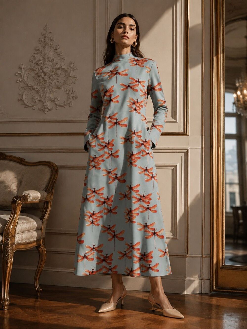 NWT Julia Allert Blue Dragonfly Print High Neck A-Line Midi Dress Size Small